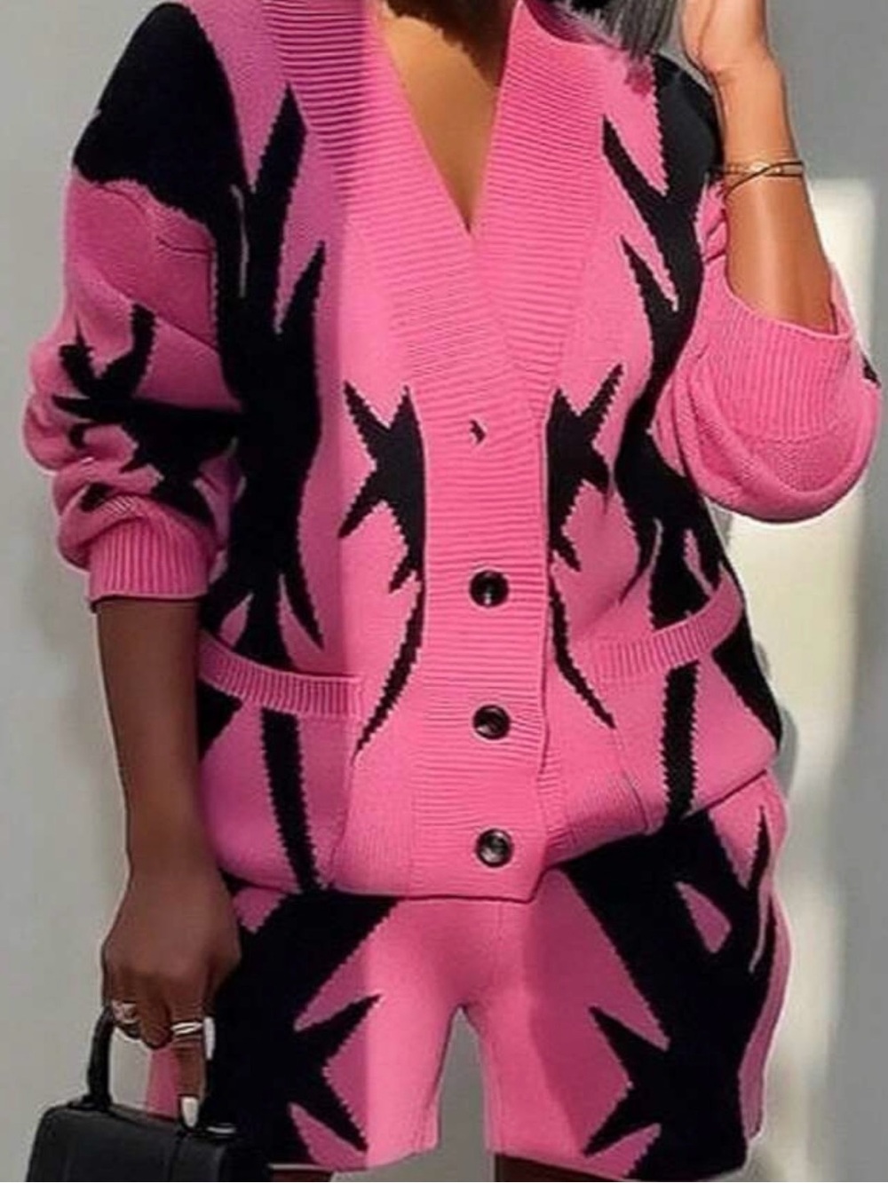 GLOURI Two Piece Knit Sweater Set - Cardigan & Shorts Set - Pink & Black